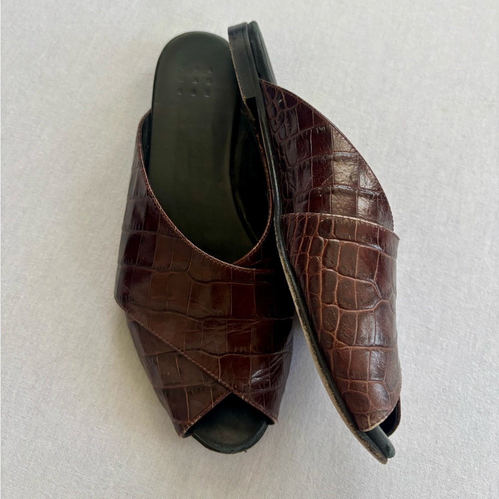 Italian Leather Brown Croc-Embossed Slide Sandals